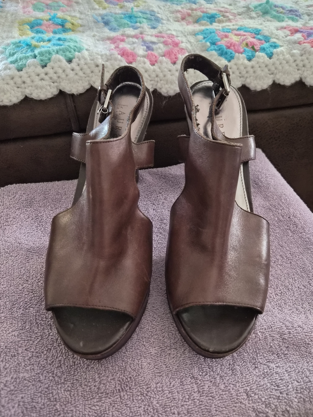 Lauren Ralph Lauren Brown Leather Open-Peep Slingback Heels